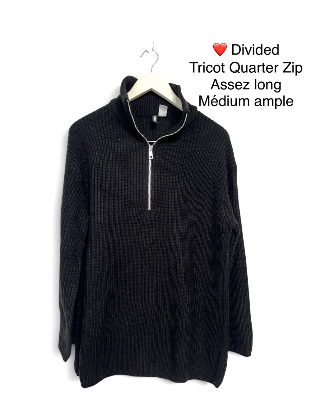 Divided Black Ribbed Half-Zip Funnel Neck Sweater